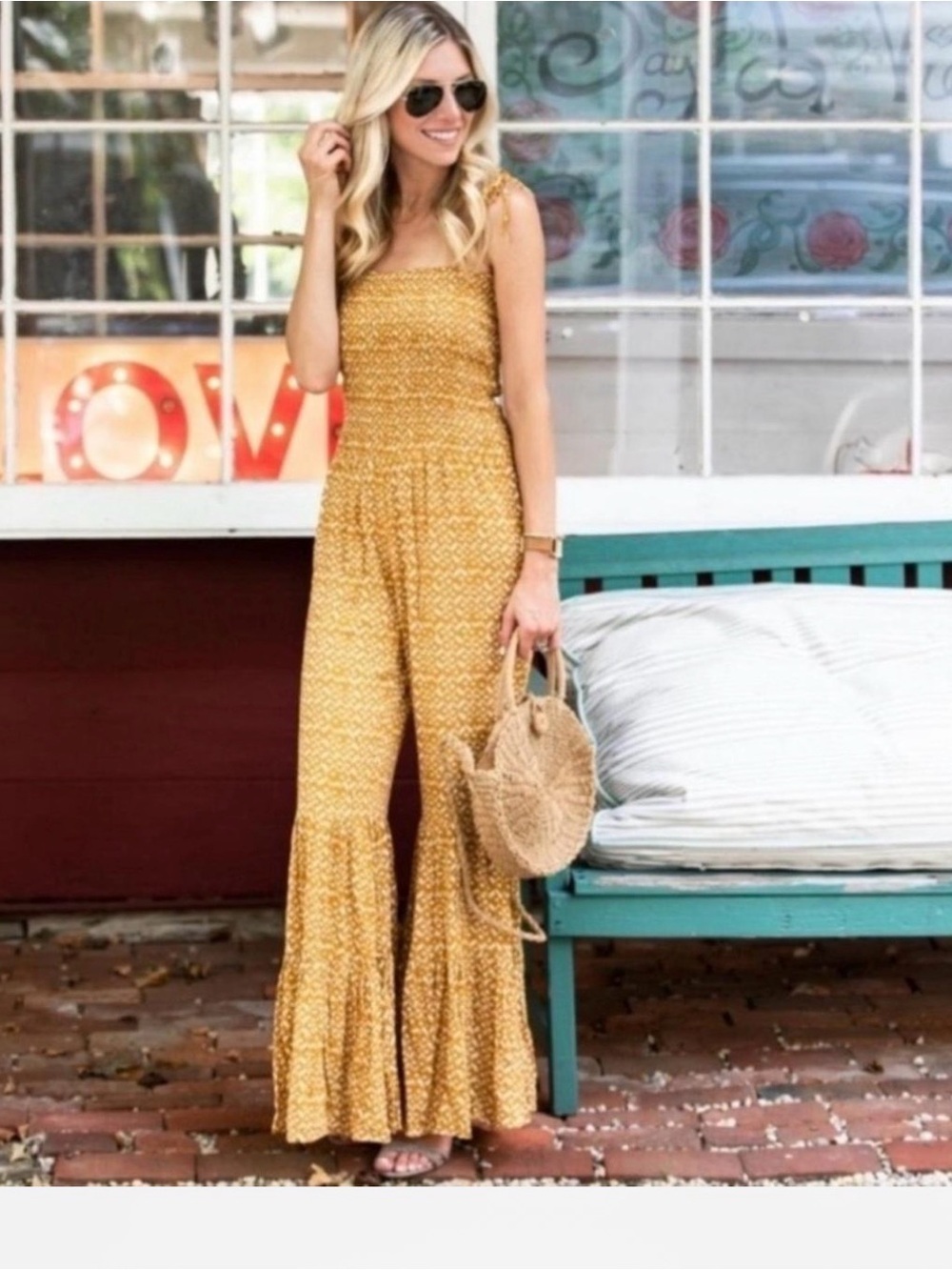 Storia Smocked Boho Hippie Ruffle-Hem Bell Bottom Floral Jumpsuit Mustard S